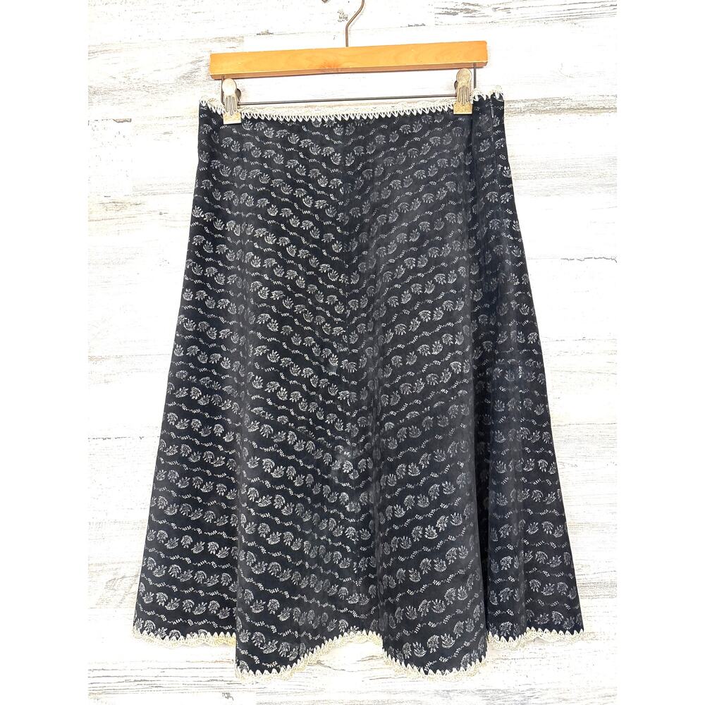 Anthropologie Wendy Hill Womens 6 Black Suede Floral Lace Trim Midi Skirt NEW